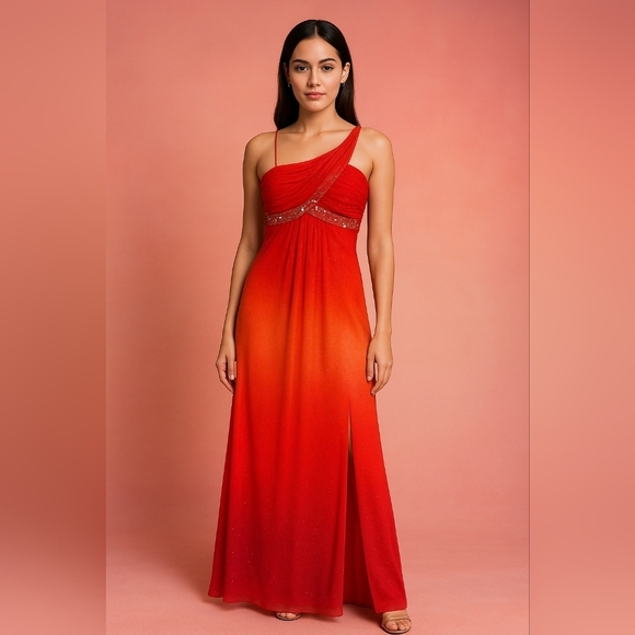 Vintage Y2K Morgan & Co One Shoulder Sparkle Hombre Maxi Prom Dress, 7/8 - Picture 1 of 5